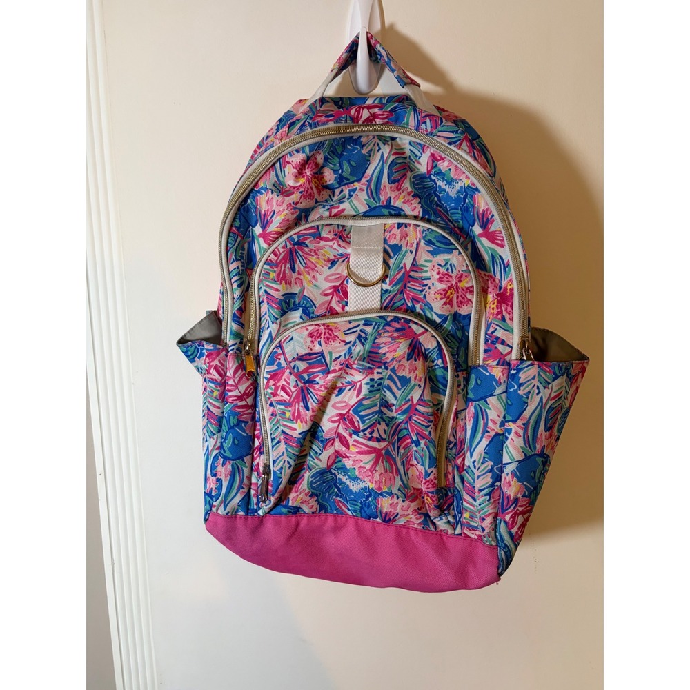 Kids Tropical Floral Backpack Multi Compartment Pink Blue School Bag